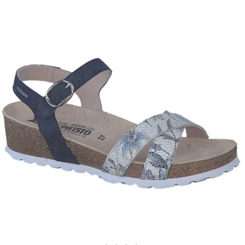 Mephisto Womens Size 10 Stela Blue Leather Floral‎ Crackle Comfort Sandals NEW
